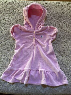 Ralph Lauren Infant Sz 6M Pink Terry Cloth Hooded Swim Coverup/Dress Aqua Pony